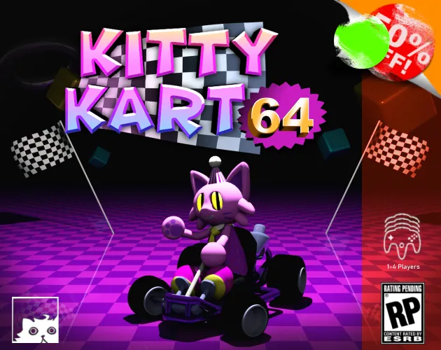Kitty Kart 64 key art: the pink title letters beside a purple cat with yellow eyes in a kart on a checkered floor