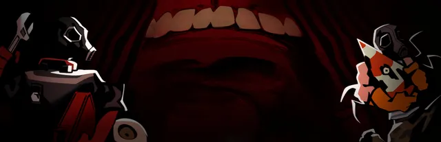 KLETKA key art: a gas-masked figure with a wrench and a gas-masked creature on a red background of giant teeth