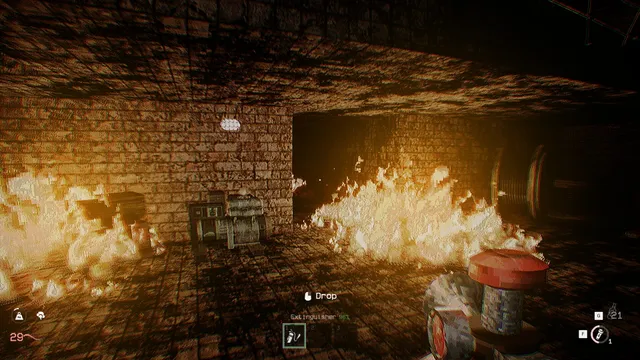 Fires burning across the floor of a brick corridor while the player holds a red-capped canister