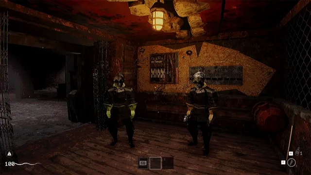 Two players in gas masks and dark suits standing inside the wooden elevator cabin under a caged lamp