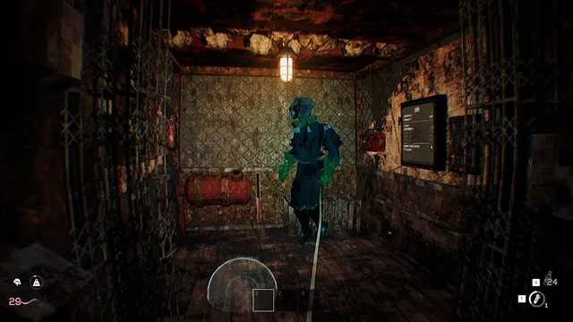 A green-skinned player in a gas mask inside the elevator with a fire extinguisher and screen on the wall