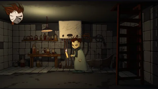 The Lodger with a candle in a tiled cellar full of jars and bottles, next to a boiler and a spiral staircase