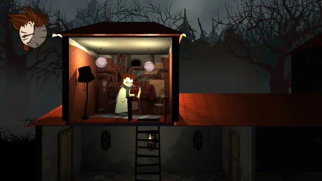 A cutaway of the cabin at night among bare trees, the Lodger in a lit attic room above dark lower floors