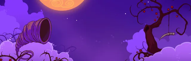 Knock-knock art: a purple night sky with an orange swirl moon, a twisted horn-shaped pipe and a bare tree hung with red berries and a white horn