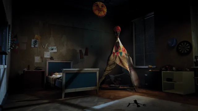 A child's bedroom in the villa with a bed, a patchwork play tent and a grinning sun mask on the wall