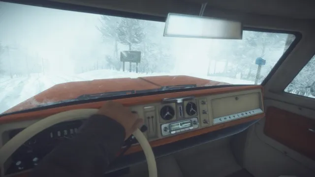 Driving a pickup through a white blizzard on a forest road, seen from the driver's seat