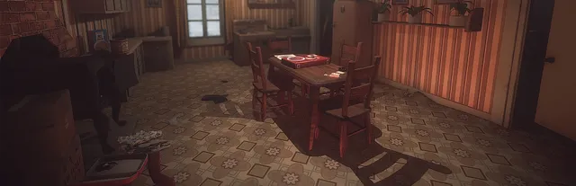 An abandoned 1970s kitchen with a card game left on the table and things scattered on the floor
