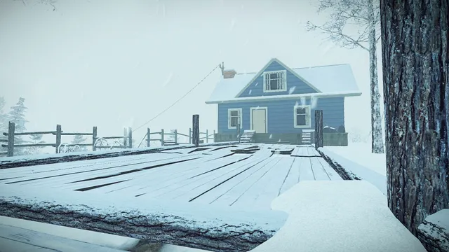 A blue wooden house beyond a broken snowy bridge in falling snow