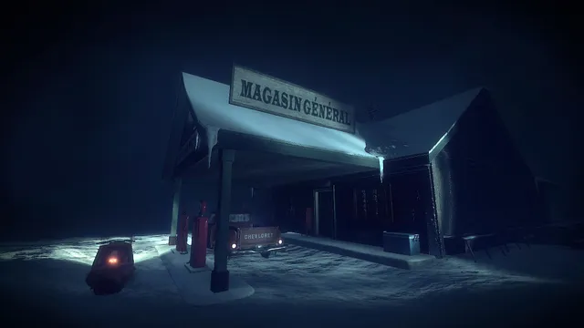 Kona: the Magasin General store at night in the snow, a pickup and a snowmobile parked by the fuel pumps