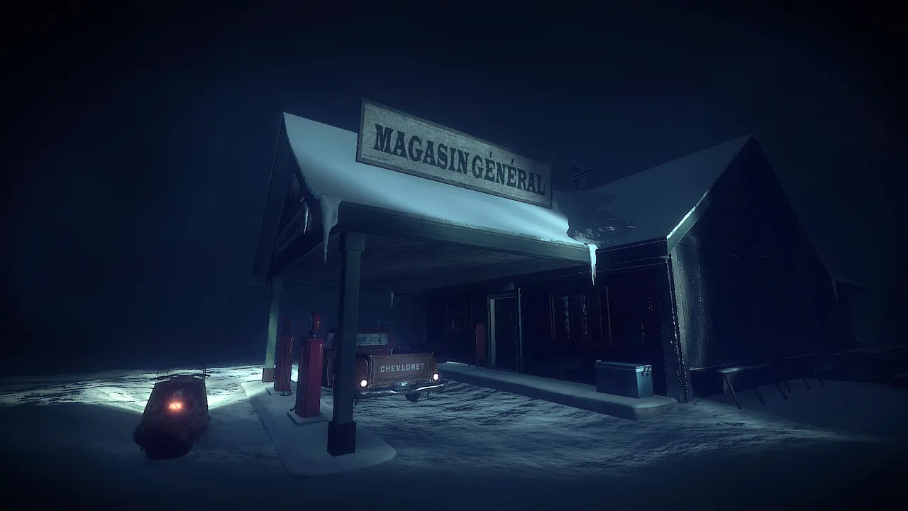 Kona: the Magasin General store at night in the snow, a pickup and a snowmobile parked by the fuel pumps