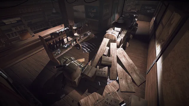 The inside of the general store wrecked, with planks, boxes and a body under a blanket on the floor