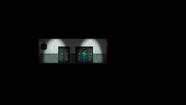 Korridorer screenshot: the player walks past grey lockers in a dim corridor lit by two ceiling bulbs