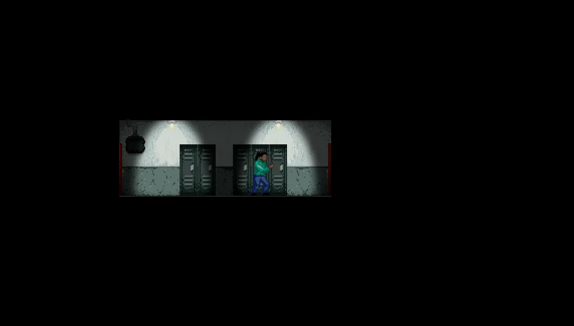 Korridorer screenshot: the player walks past grey lockers in a dim corridor lit by two ceiling bulbs