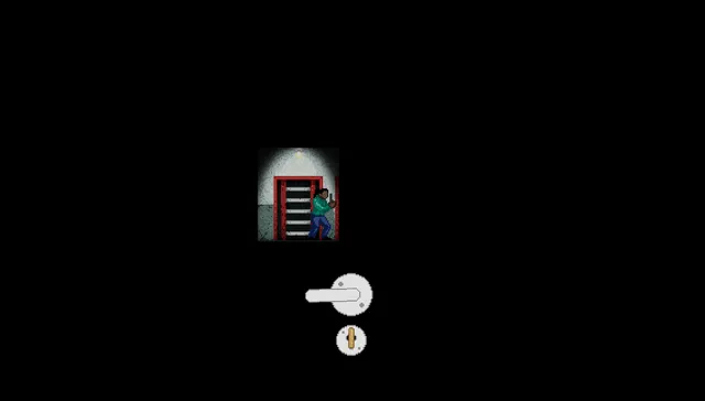 Korridorer screenshot: the player at a red-framed door, with a large door handle and key lock to turn by mouse below