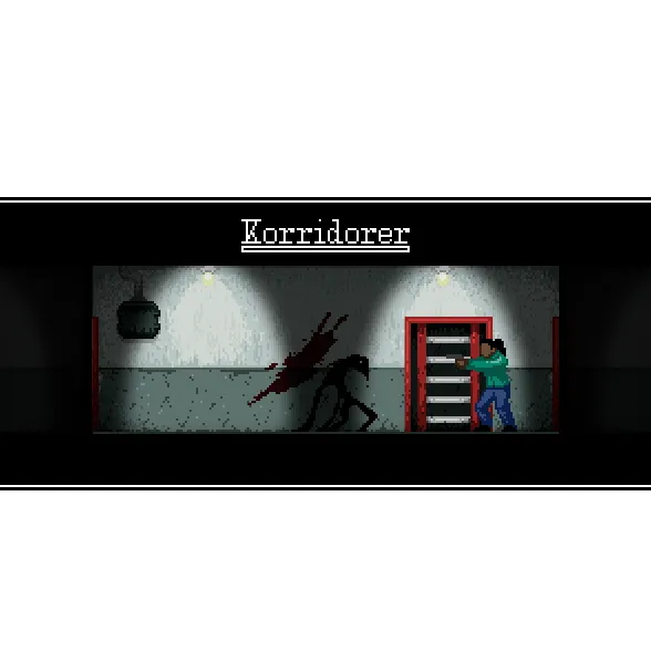 Korridorer title art: a gaunt dark creature beside a blood smear in a lit corridor as a man in a green jacket aims a gun from a red doorway