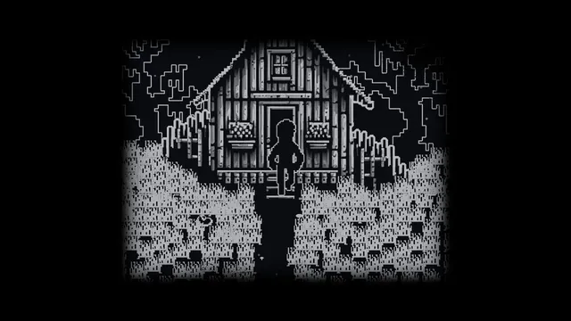 A dithered black-and-white pixel-art wooden cabin in the snow with a figure on the path