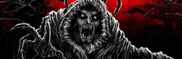 KRAMPEN key art: a hairy, clawed creature with white eyes and jagged teeth against a blood-red sky and bare trees