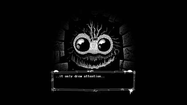 A furred creature with huge round eyes and tendrils in a dark stone tunnel, with the line it only drew attention
