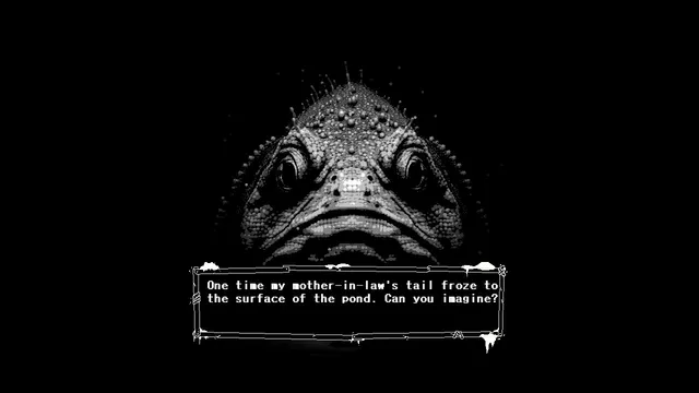 A close-up of a warty, bulging-eyed fish in the dark, talking about its mother-in-law's tail freezing in the pond