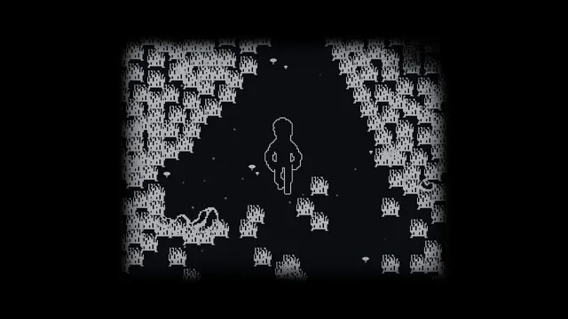 A figure walking a dark path through snowy black-and-white pixel-art woods