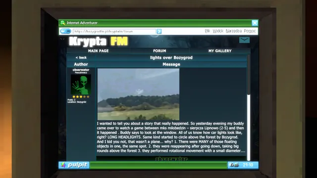 Krypta FM: the Krypta FM web forum on an early-2000s browser, a post about lights over the forest with a blurry photo