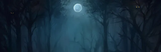 Krypta FM art: a misty moonlit forest with glowing yellow eyes watching from the trees