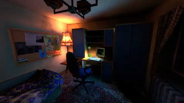 Krypta FM: the player's bedroom with a desk, old desktop computer, corkboard of clippings and a fringed lamp