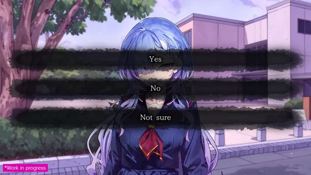 A choice of Yes, No or Not sure over the ghost girl standing outside a school