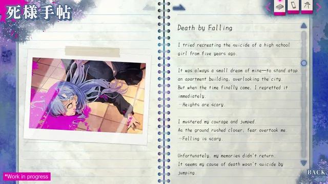 A page of Shiori's death diary, Death by Falling, with a photograph of her body on a tiled floor