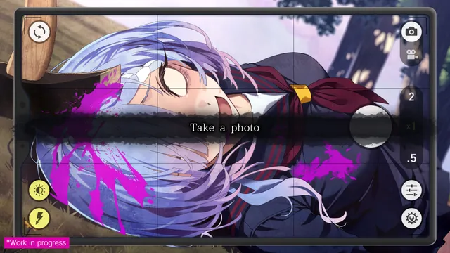 A phone camera screen framing the ghost girl lying with her eyes rolled back and pink blood splashed around her