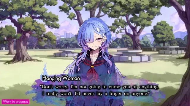 A blue-haired ghost girl in a school uniform, labelled Hanging Woman, says she will not curse you, in a park