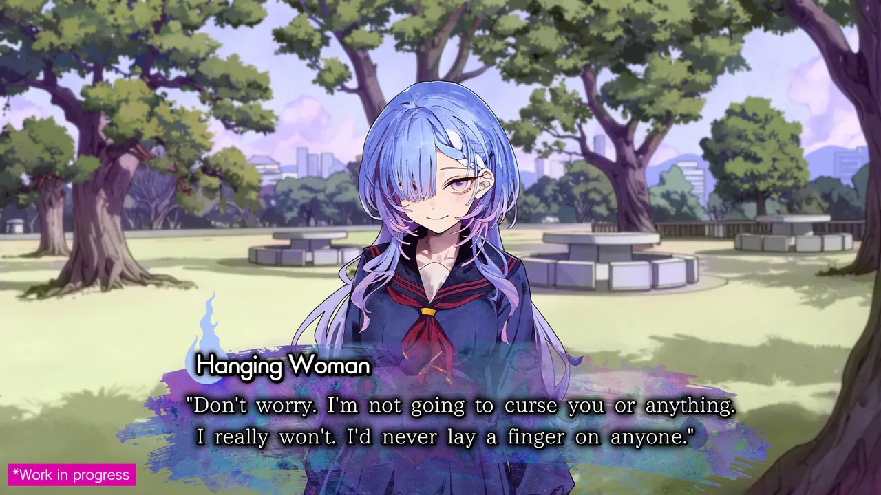A blue-haired ghost girl in a school uniform, labelled Hanging Woman, says she will not curse you, in a park