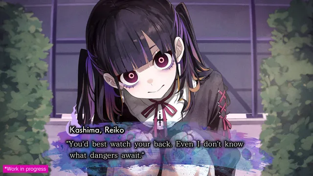 The urban-legend ghost Kashima Reiko, wide-eyed and smiling, warns you to watch your back