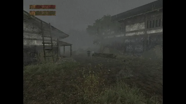 Labyrinth Of The Demon King screenshot: a misty, rain-soaked feudal Japanese village with a stone lantern and old wooden buildings