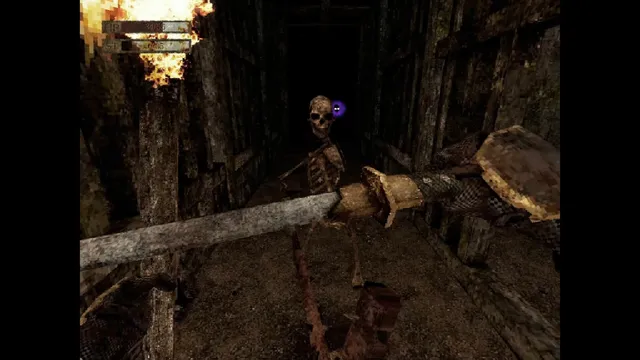 Labyrinth Of The Demon King screenshot: a katana held out in first person toward a skeleton in a torchlit wooden corridor