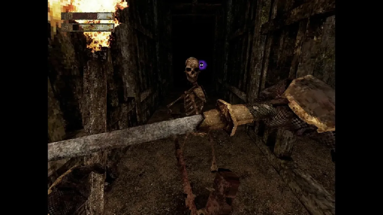 Labyrinth Of The Demon King screenshot: a katana held out in first person toward a skeleton in a torchlit wooden corridor