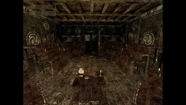Labyrinth Of The Demon King screenshot: a candlelit shrine room with an altar and spiral symbols painted on the walls