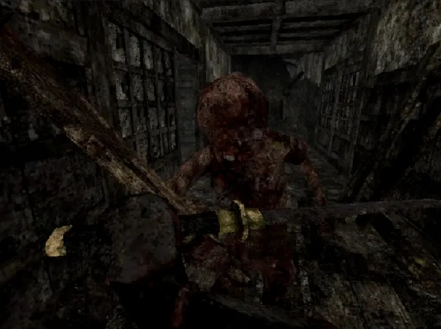 Labyrinth Of The Demon King screenshot: a bloody, grinning creature lunges at the player's blade in a dark corridor