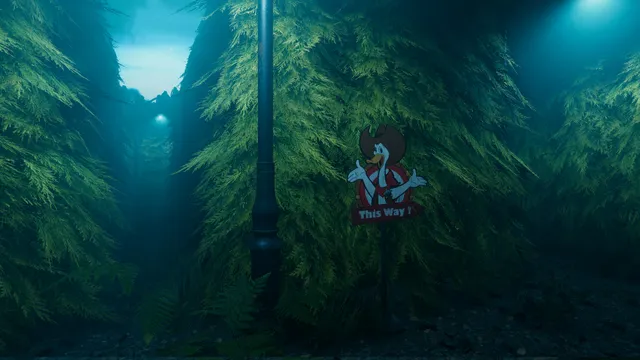 Labyrinthine: a misty hedge maze at night lit by a street lamp, with a cartoon cowboy duck sign pointing This Way