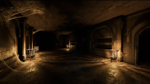 Labyrinthine: a cobwebbed stone tunnel with arches, lit by small fire baskets