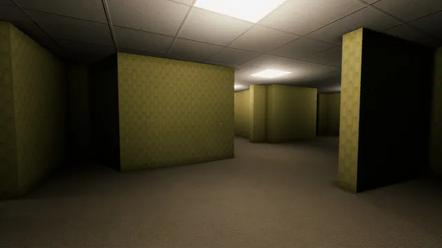 Labyrinthine: empty rooms with yellow patterned wallpaper, beige carpet and ceiling lights