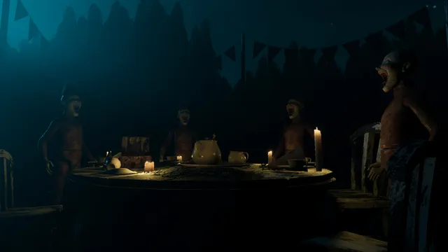 Labyrinthine: grinning puppet-like figures with gaping mouths stand around a candlelit table in the dark maze