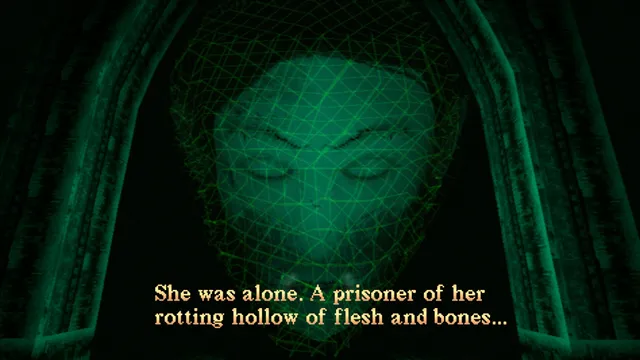 Lake Haven - Chrysalis screenshot: a green wireframe face of a woman in an arched frame, with the caption She was alone, a prisoner of her rotting hollow of flesh and bones
