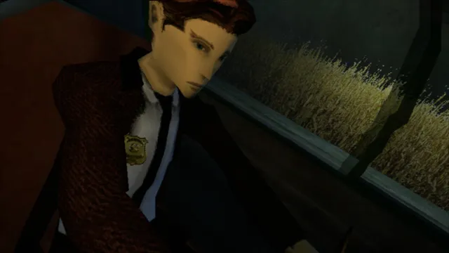 Lake Haven - Chrysalis screenshot: the low-poly detective looks out of a car window at a wheat field
