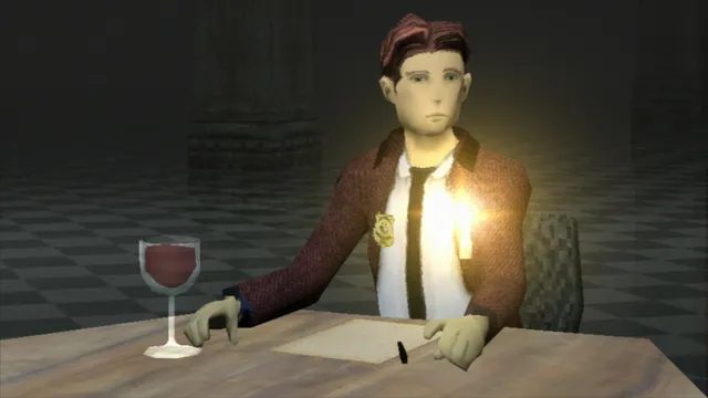 Lake Haven - Chrysalis screenshot: Zeke, wearing his badge, sits at a table with a glass of red wine and a sheet of paper in a misty checkered room