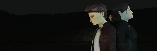 Lake Haven - Chrysalis art: Detective Zeke Reynold and a dark-haired woman stand back to back by a dark lake and treeline