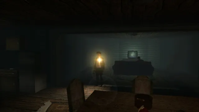 Lake Haven - Chrysalis screenshot: Zeke with a flashlight in a dark room with an old television, seen from a fixed camera