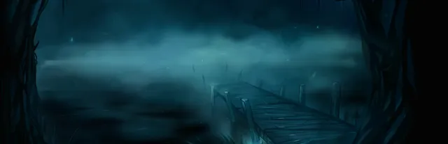 Lake of Voices key art: a wooden bridge winding across a misty, dark lake between black trees