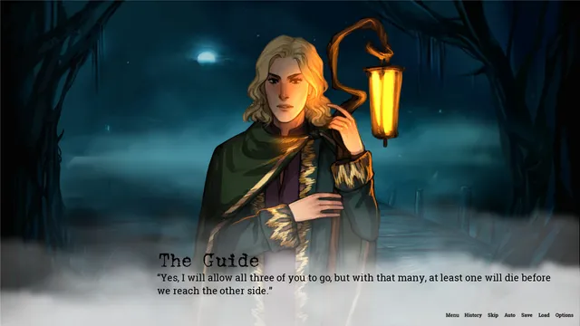The Guide, holding a lantern on a crooked staff, warns that at least one of the three will die before they reach the other side