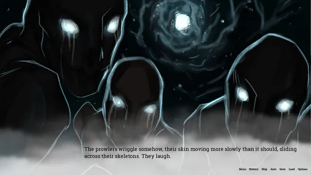 Dark, skeletal creatures with glowing white eyes rise from the mist as the text describes the prowlers laughing